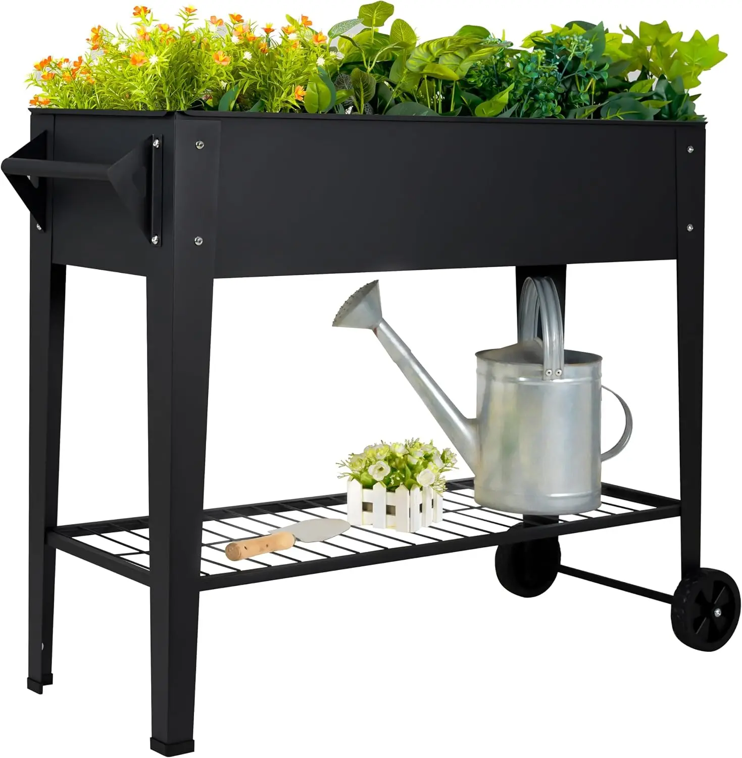 HX-07 3.1 ft × 1.3 ft × 2.6 ft Raised Garden Bed with Wheels | Elevated steel planter box for outdoor vegetables, herbs, and flowers. 400 lb capacity with drainage and shelf.