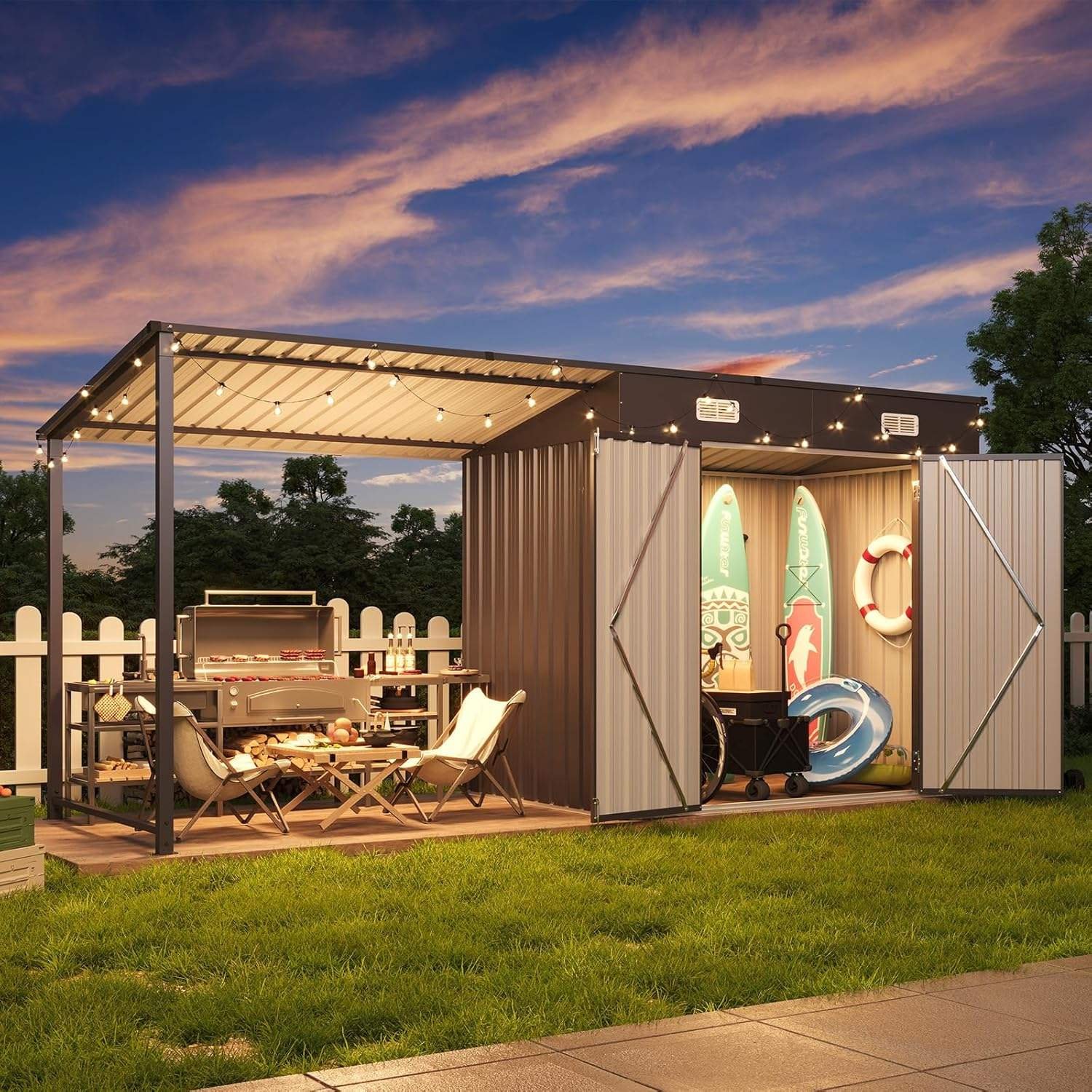 GS-06 12x4 FT Outdoor Metal Storage Shed with Pergola, 6x4 FT Shed + 6x4 FT Pergola Combo
