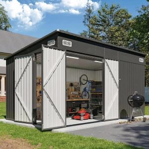 GS-07 4x8/8x10/10x12ft Outdoor Lean-to Metal Shed - Galvanized Steel Storage Solution with Triple Doors