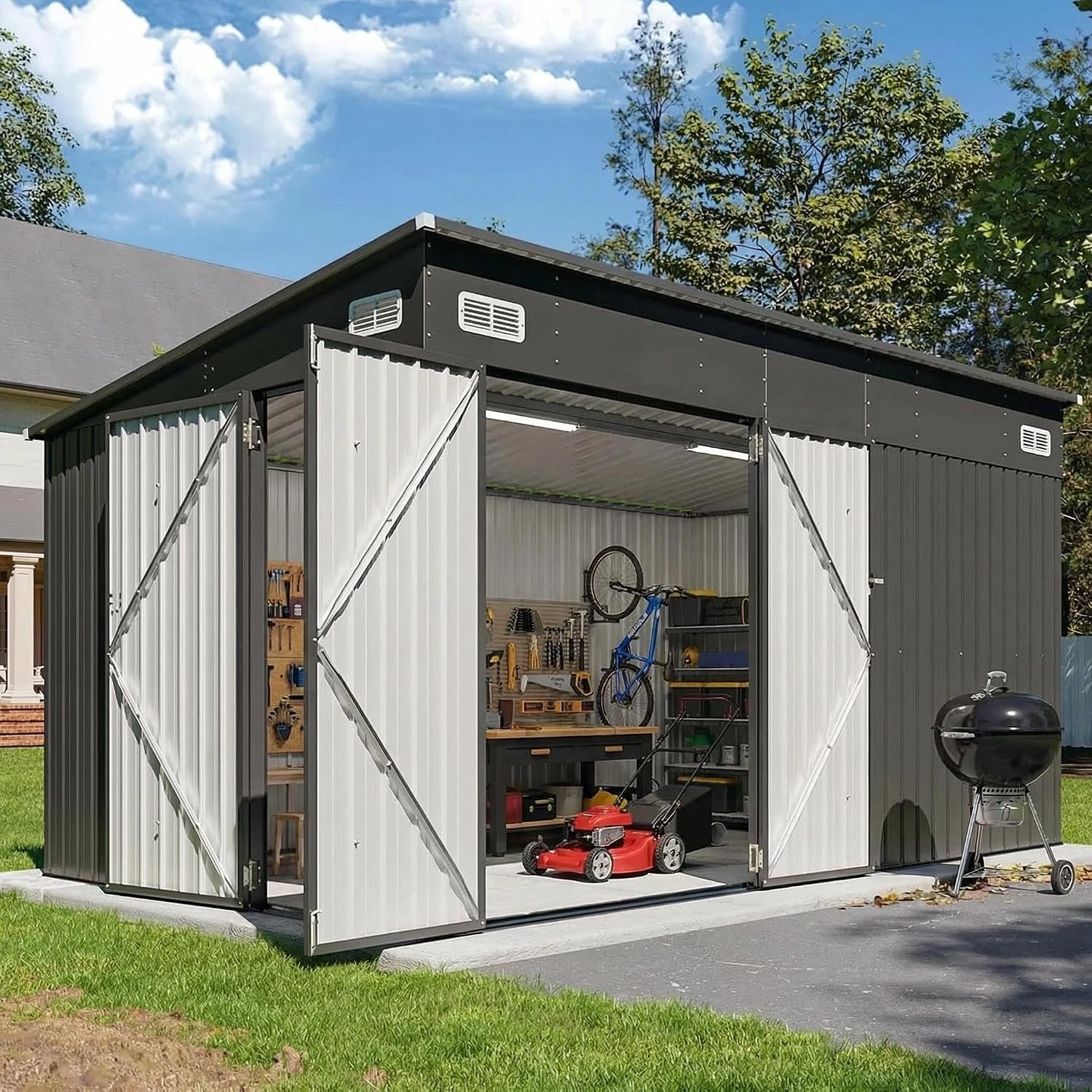 GS-07 4x8/8x10/10x12ft Outdoor Lean-to Metal Shed - Galvanized Steel Storage Solution with Triple Doors