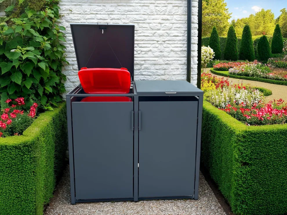 TB-04 Wholesale Premium 2-Compartment Wheelie Bin Enclosure for 240L Waste Bins, Anthracite Outdoor Bin Storage Cabinet